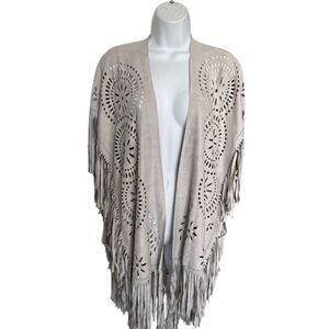 Bohemian Taupe Fringe Cardigan with Laser-Cut Design One Size